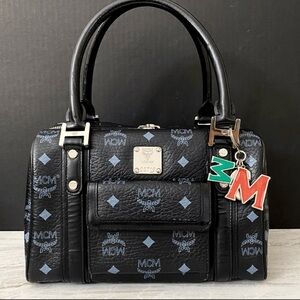 MCM Black Visetos Boston Bag 25cm – Rare Blue Logo Accents Excellent Condition!